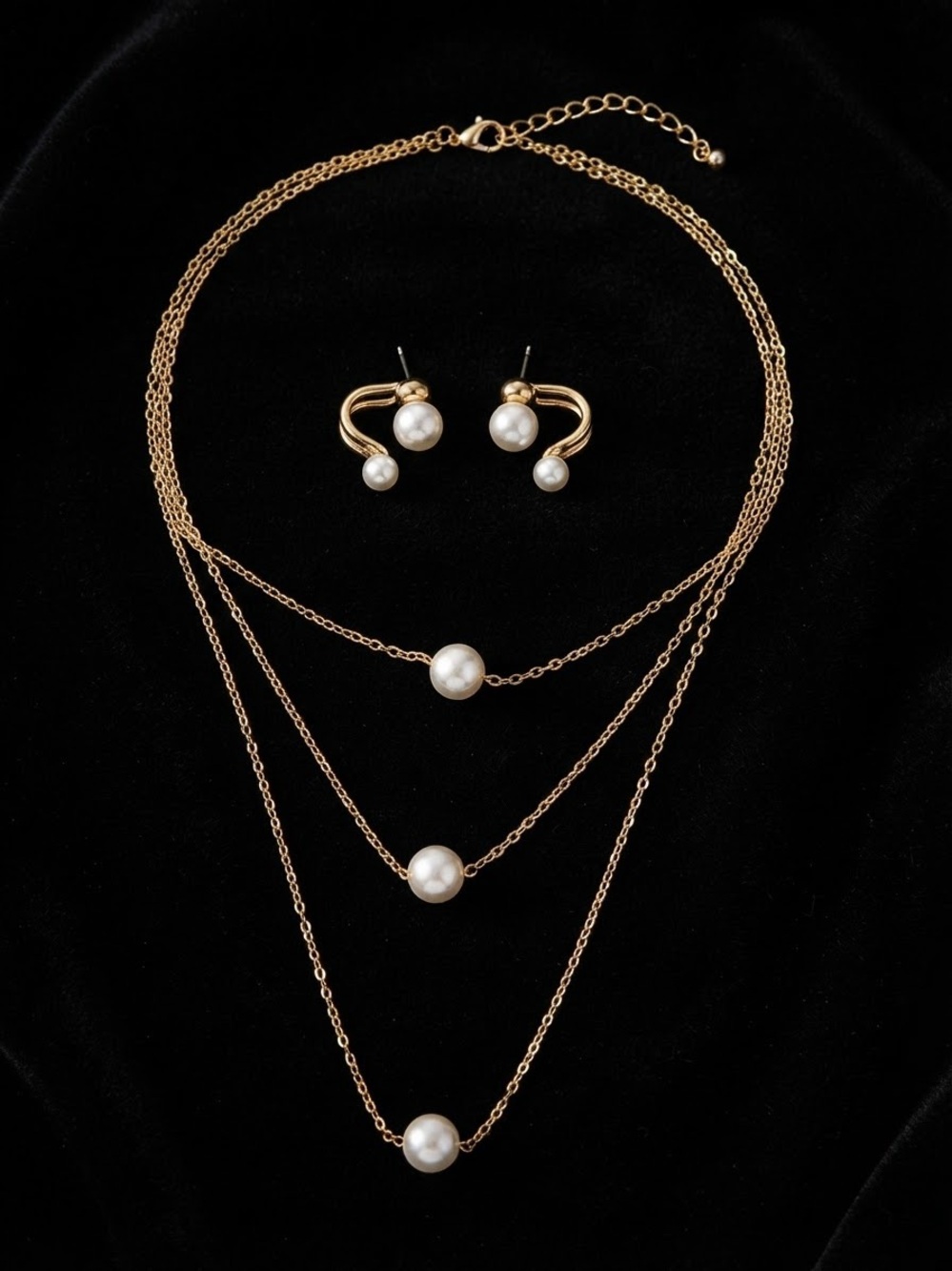 Layered Pearl Necklace & Earrings Set in Gold Fashion Jewelry 2 Piece Set-NWT
